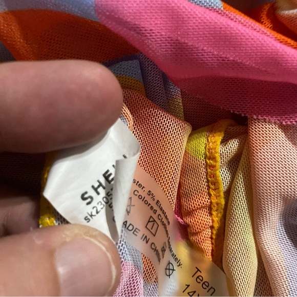 SHEIN Orange Pink Retro Sheer Mesh Swim Coverup Romper - Picture 6 of 6